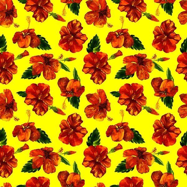 水彩无缝图案。手绘的热带树叶和花朵插图。热带夏季主题芙蓉图案. — 图库照片