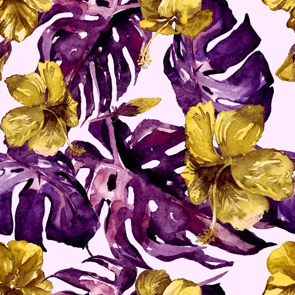 Acquerello modello senza soluzione di continuità. Illustrazione dipinta a mano di foglie e fiori tropicali. Motivo estivo tropicale con motivo Hibiscus . — Foto Stock