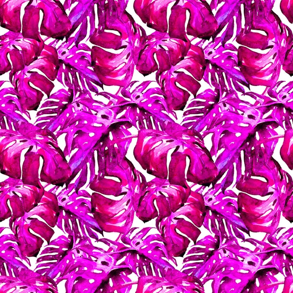 水彩のシームレスなパターン。手描きの熱帯の葉と花のイラスト。リアナのパターンを持つ熱帯夏モチーフ. — ストック写真