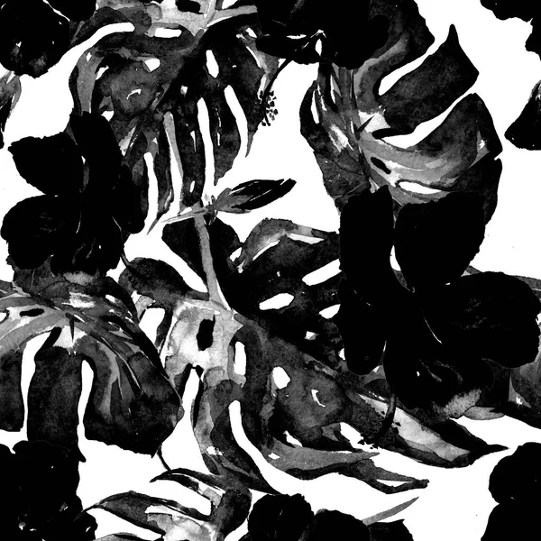 Акварель безшовні візерунок. Ручним розписом ілюстрація тропічних листя і квіти. Мотив Тропік літо з гибискуса візерунком. — стокове фото