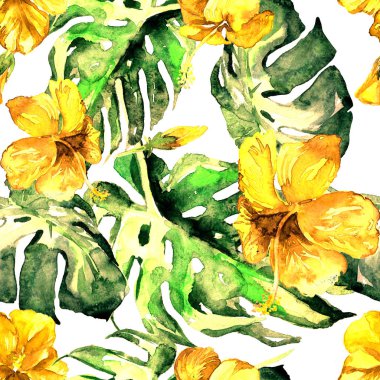 Sulu Boya Dikişsiz desen. El çizimi tropikal yaprak ve çiçek boyalı. Tropic yaz Motif Hibiscus desenli.
