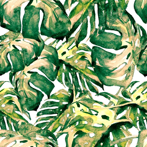 Patrón sin costura de acuarela. Ilustración pintada a mano de hojas y flores tropicales. Motivo de verano tropical con patrón de Liana . —  Fotos de Stock