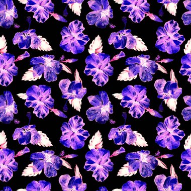 Sulu Boya Dikişsiz desen. El çizimi tropikal yaprak ve çiçek boyalı. Tropic yaz Motif Hibiscus desenli.