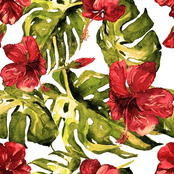 Akvarell Seamless Pattern. Kézzel festett szemlélteti a trópusi levelek és virágok. Tropic nyári motívum Hibiscus mintával. — Stock Fotó