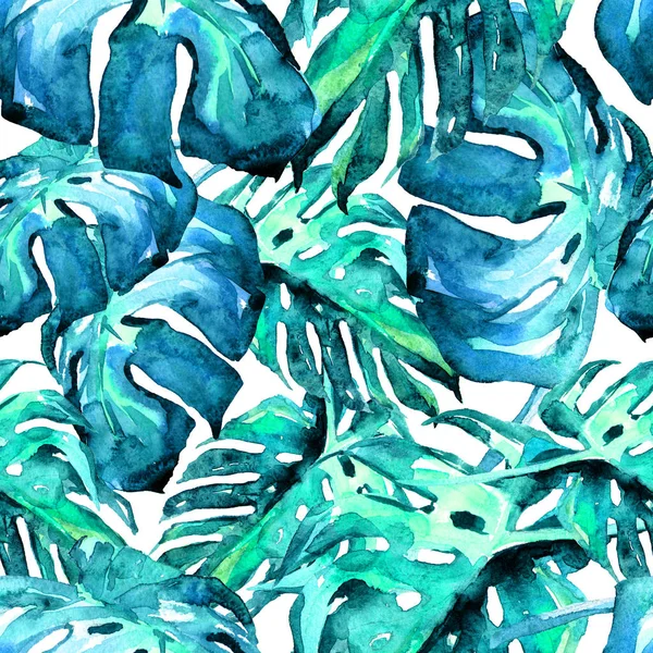 Patrón sin costura de acuarela. Ilustración pintada a mano de hojas y flores tropicales. Motivo de verano tropical con patrón de Monstera . — Foto de Stock