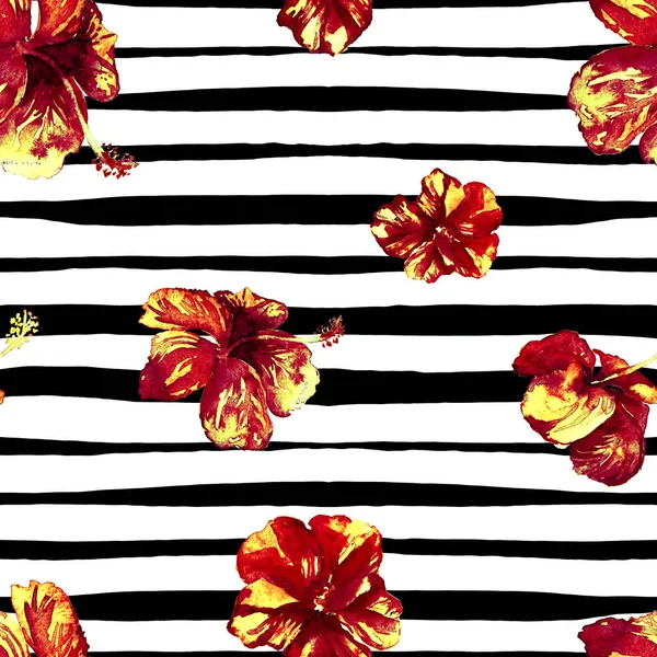 Hibiscus Seamless Pattern with Lines. — Stock Photo, Image