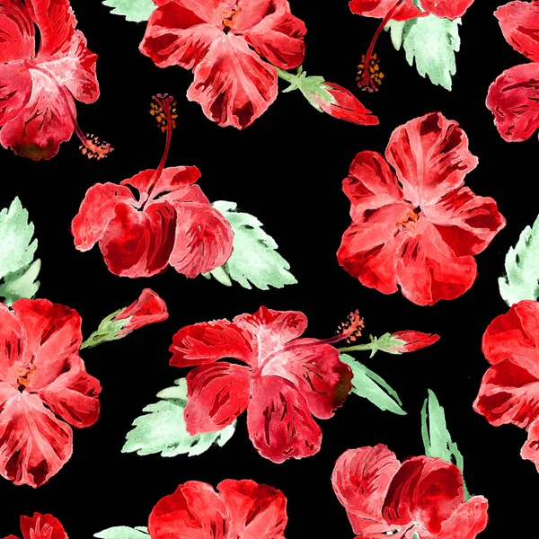 Motif sans couture aquarelle. Illustration peinte à la main de feuilles et fleurs tropicales. Motif d'été tropical avec motif Hibiscus . — Photo