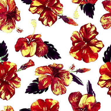 Sulu Boya Dikişsiz desen. El çizimi tropikal yaprak ve çiçek boyalı. Tropic yaz Motif Hibiscus desenli.
