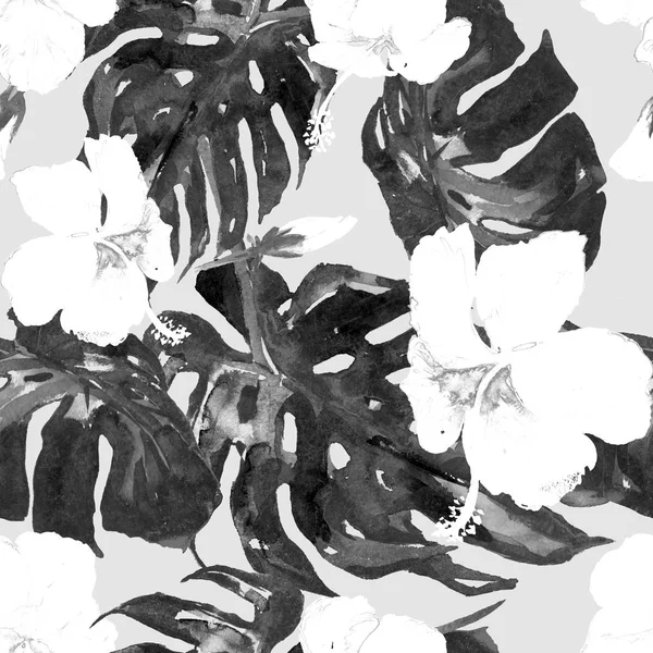 水彩のシームレスなパターン。手描きの熱帯の葉と花のイラスト。ハイビスカス パターンを持つ熱帯夏モチーフ. — ストック写真