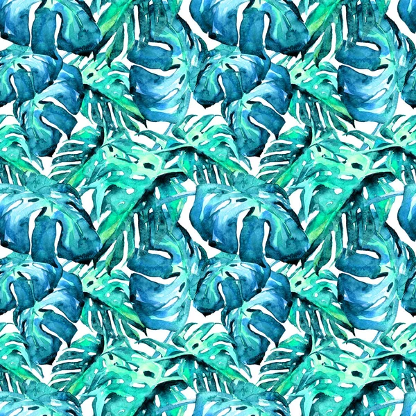 Watercolor Seamless Pattern. Hand Painted Illustration of Tropical Leaves and Flowers. Tropic Summer Motif with Liana Pattern. — Stock Photo, Image