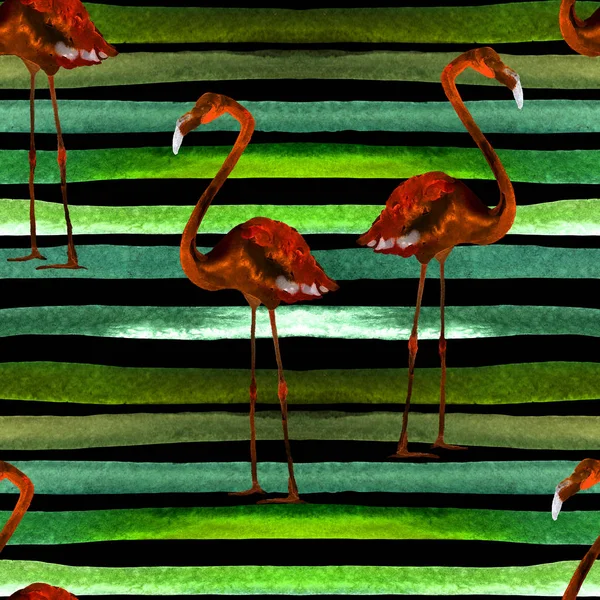 Padrão sem costura listras aquarela com Flamingo . — Fotografia de Stock