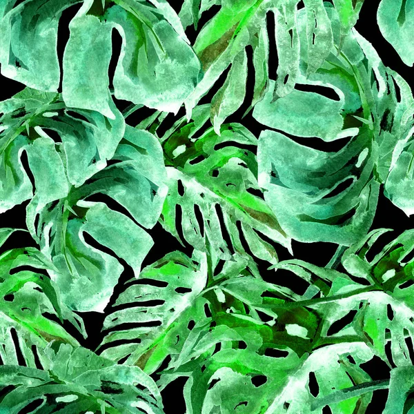 Patrón sin costura de acuarela. Ilustración pintada a mano de hojas y flores tropicales. Motivo de verano tropical con patrón de Monstera . —  Fotos de Stock