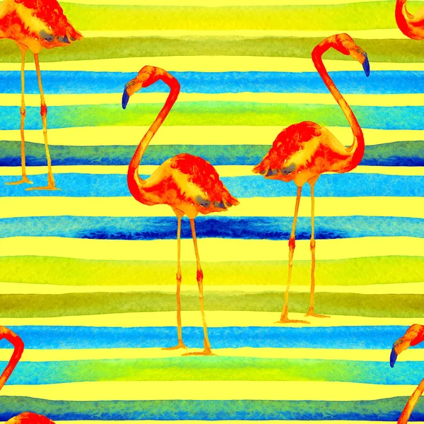 Watercolor Stripes Seamless Pattern with Flamingo. — Stock Photo, Image