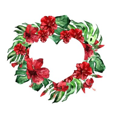  Egzotik çiçek ve yaprakları sınır kalp.