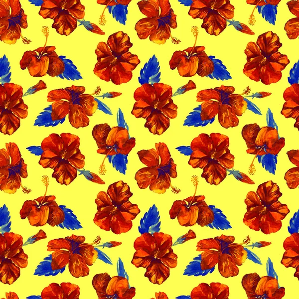 Акварель бесшовная. Ручная иллюстрация тропических листьев и цветов. Тропический летний мотив с рисунком гибискуса . — стоковое фото