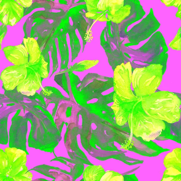 Patrón sin costura de acuarela. Ilustración pintada a mano de hojas y flores tropicales. Motivo de verano tropical con patrón de hibisco . — Foto de Stock