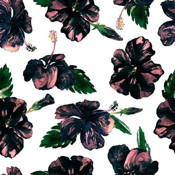 Watercolor Seamless Pattern. Hand Painted Illustration of Tropical Leaves and Flowers. Tropic Summer Motif with Hibiscus Pattern. — Stock Photo, Image
