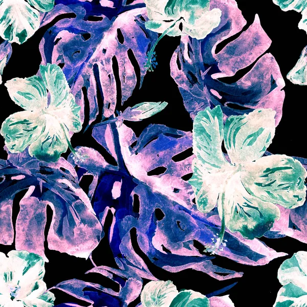 Patrón sin costura de acuarela. Ilustración pintada a mano de hojas y flores tropicales. Motivo de verano tropical con patrón de hibisco . —  Fotos de Stock