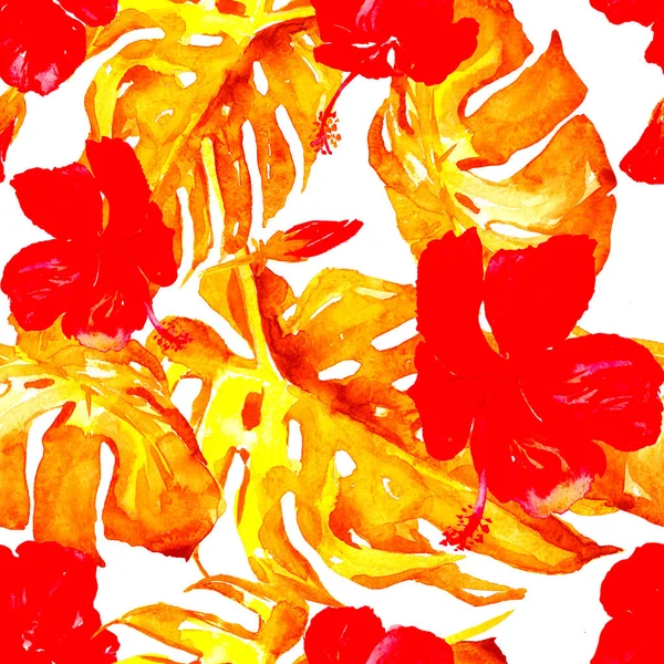 Patrón sin costura de acuarela. Ilustración pintada a mano de hojas y flores tropicales. Motivo de verano tropical con patrón de hibisco . — Foto de Stock