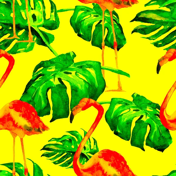 Akvarell sömlösa mönster. Handmålad Illustration av tropiska blad och blommor. Tropic sommaren motiv med tropiskt mönster. — Stockfoto