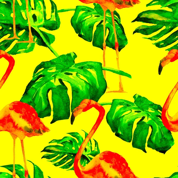 Watercolor Seamless Pattern. Hand Painted Illustration of Tropical Leaves and Flowers. Tropic Summer Motif with Tropical Pattern. — Stock Photo, Image