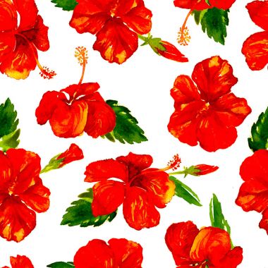 Sulu Boya Dikişsiz desen. El çizimi tropikal yaprak ve çiçek boyalı. Tropic yaz Motif Hibiscus desenli.