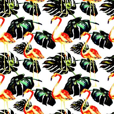 Sulu Boya Dikişsiz desen. El çizimi tropikal yaprak ve çiçek boyalı. Tropic yaz Motif tropik desenli.