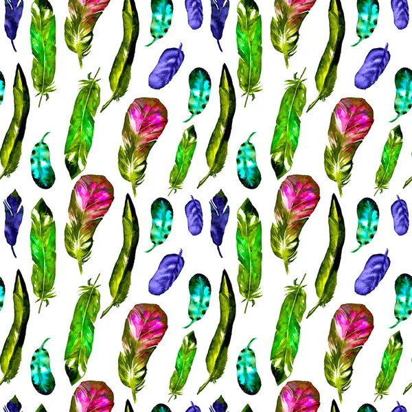 Nahtloses Muster mit aquarellierten Federn. kann für Textildruck, Designfliese, Tapete, abstrakten Hintergrund verwendet werden. — Stockfoto