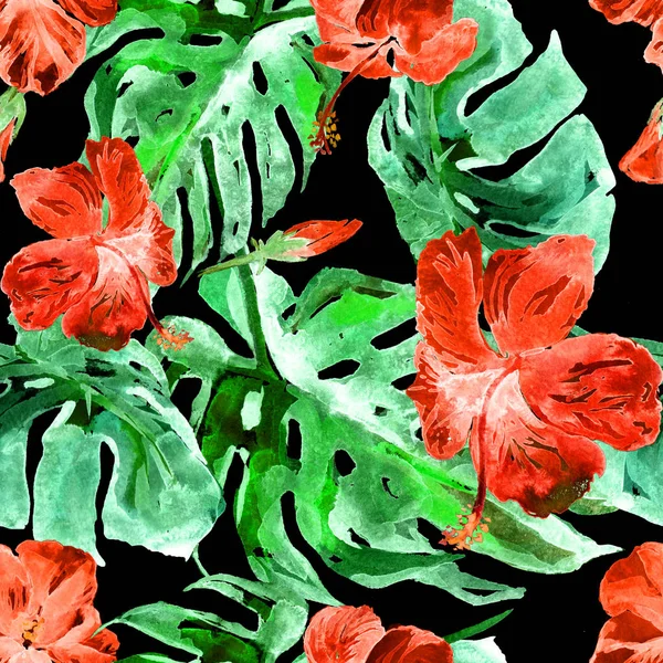 Patrón sin costura de acuarela. Ilustración pintada a mano de hojas y flores tropicales. Motivo de verano tropical con patrón de hibisco . — Foto de Stock