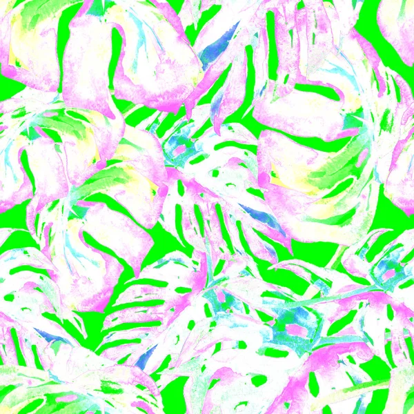 Akwarela bezszwowe wzór. Ręcznie malowane ilustracja tropikalny liści i kwiatów. Zwrotnik lato motyw z Monstera wzór. — Zdjęcie stockowe