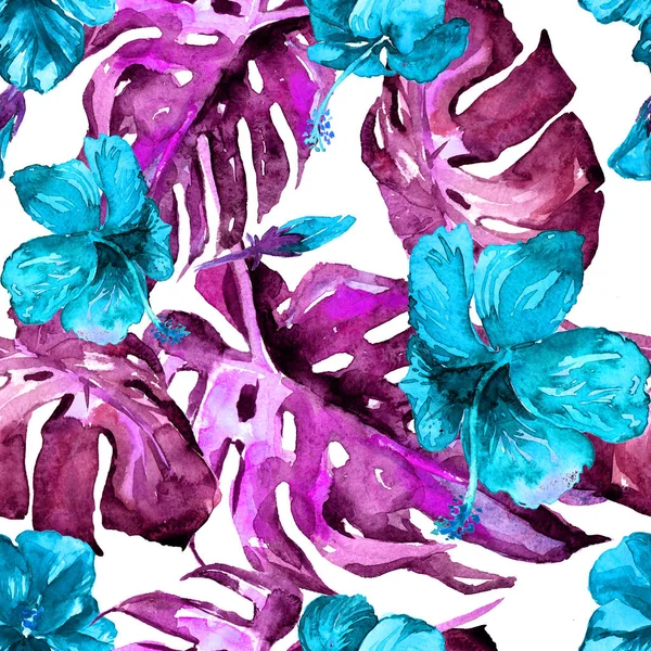 Patrón sin costura de acuarela. Ilustración pintada a mano de hojas y flores tropicales. Motivo de verano tropical con patrón de hibisco . — Foto de Stock