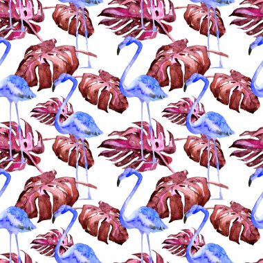 Sulu Boya Dikişsiz desen. El çizimi tropikal yaprak ve çiçek boyalı. Tropic yaz Motif tropik desenli.