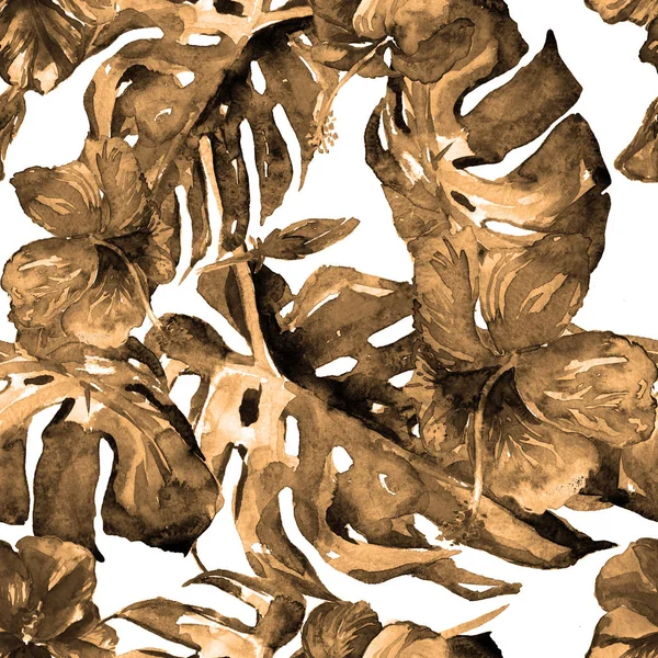 水彩のシームレスなパターン。手描きの熱帯の葉と花のイラスト。ハイビスカス パターンを持つ熱帯夏モチーフ. — ストック写真