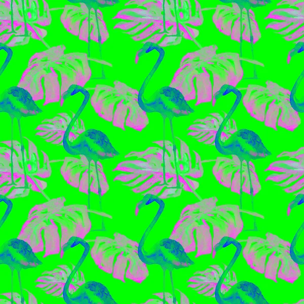 Акварель Безшовний візерунок. Ручна розписана ілюстрація тропічних листя і квітів. Тропічний літній мотив з тропічним візерунком . — стокове фото