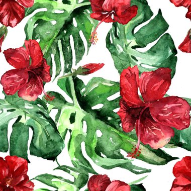 Sulu Boya Dikişsiz desen. El çizimi tropikal yaprak ve çiçek boyalı. Tropic yaz Motif Hibiscus desenli.
