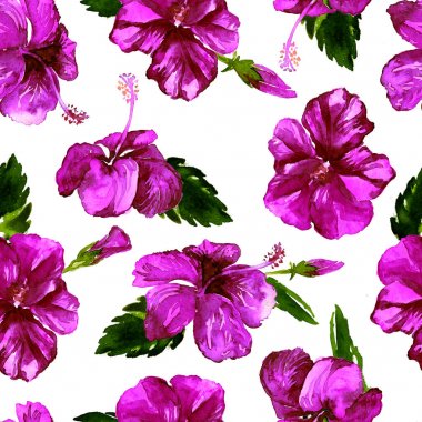 Sulu Boya Dikişsiz desen. El çizimi tropikal yaprak ve çiçek boyalı. Tropic yaz Motif Hibiscus desenli.