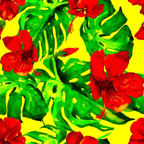 Patrón sin costura de acuarela. Ilustración pintada a mano de hojas y flores tropicales. Motivo de verano tropical con patrón de hibisco . — Foto de Stock