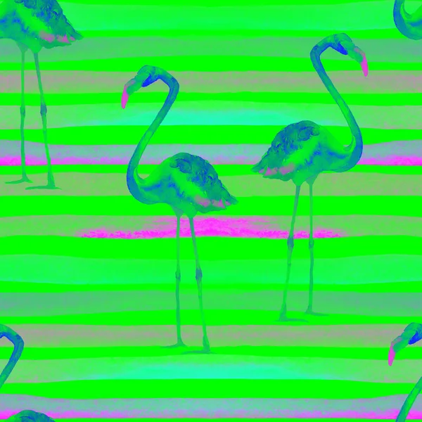 Watercolor Stripes Seamless Pattern with Flamingo. — Stock Photo, Image