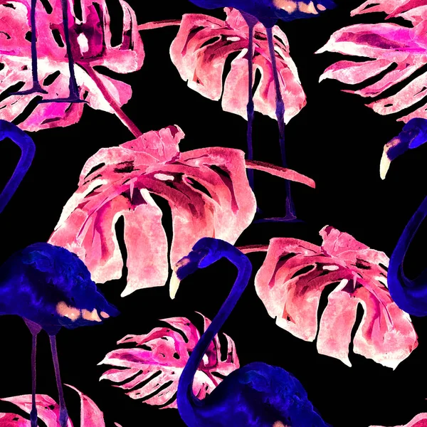 Aquarell nahtloses Muster. Handgemalte Illustration tropischer Blätter und Blumen. tropisches Sommermotiv mit tropischem Muster. — Stockfoto