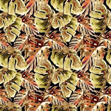 Sulu Boya Dikişsiz desen. El çizimi tropikal yaprak ve çiçek boyalı. Tropic yaz Motif Liana desenli.