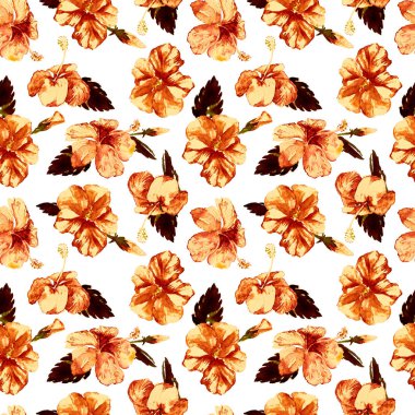Sulu Boya Dikişsiz desen. El çizimi tropikal yaprak ve çiçek boyalı. Tropic yaz Motif Hibiscus desenli.