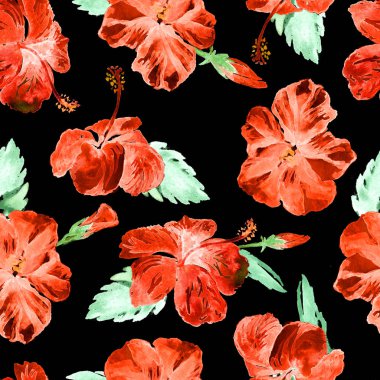 Sulu Boya Dikişsiz desen. El çizimi tropikal yaprak ve çiçek boyalı. Tropic yaz Motif Hibiscus desenli.