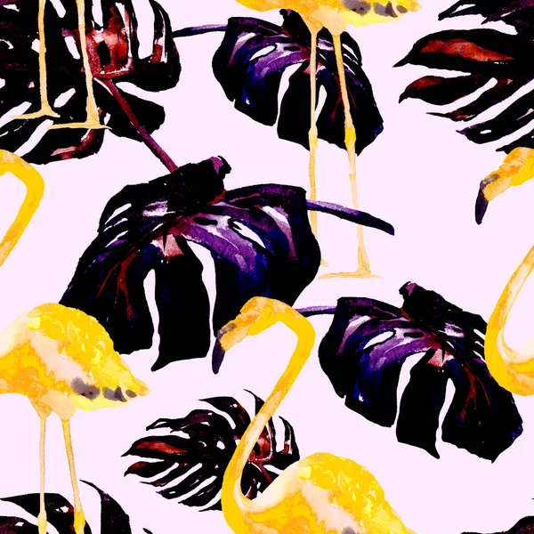 水彩のシームレスなパターン。手描きの熱帯の葉と花のイラスト。熱帯パターン熱帯夏モチーフ. — ストック写真