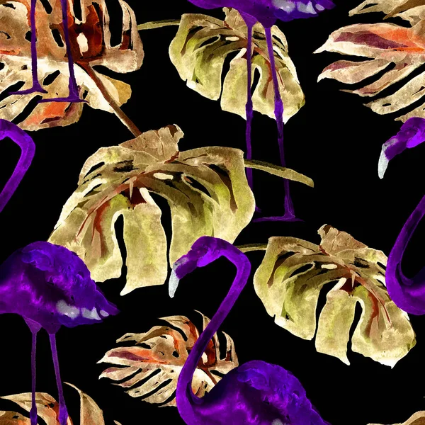 Aquarel naadloze patroon. Handgeschilderde illustratie van tropische bladeren en bloemen. Tropic zomer motief met tropische patroon. — Stockfoto