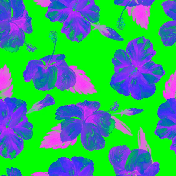 Patrón sin costura de acuarela. Ilustración pintada a mano de hojas y flores tropicales. Motivo de verano tropical con patrón de hibisco . —  Fotos de Stock