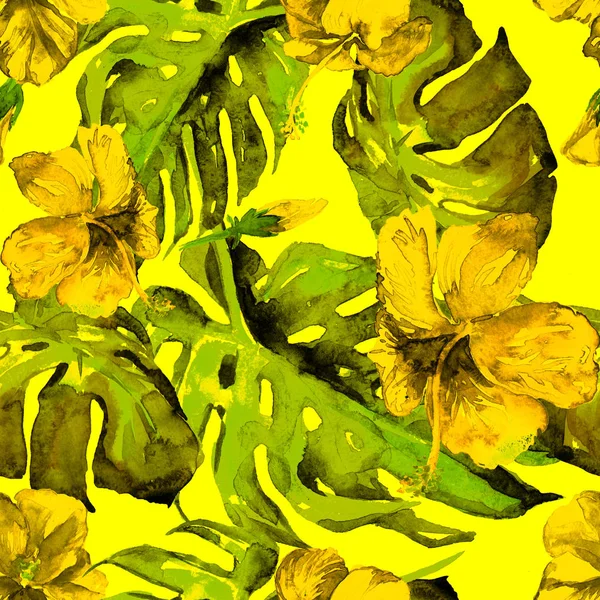 Акварель безшовні візерунок. Ручним розписом ілюстрація тропічних листя і квіти. Мотив Тропік літо з гибискуса візерунком. — стокове фото