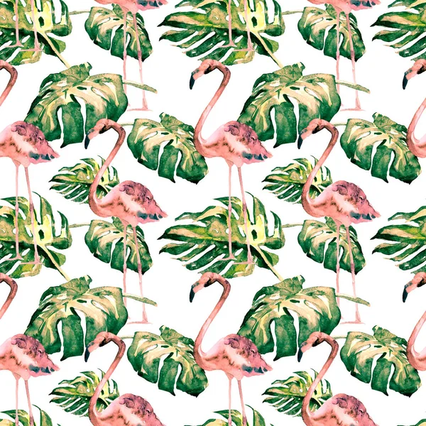 Watercolor Seamless Pattern. Hand Painted Illustration of Tropical Leaves and Flowers. Tropic Summer Motif with Tropical Pattern. — Stock Photo, Image