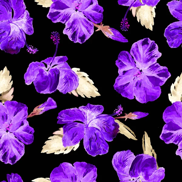 Ακουαρέλα χωρίς ραφή πρότυπο. Χειροποίητη Εικόνα τροπικά φύλλα και λουλούδια. Τροπικός καλοκαίρι μοτίβο με ιβίσκο. — Φωτογραφία Αρχείου