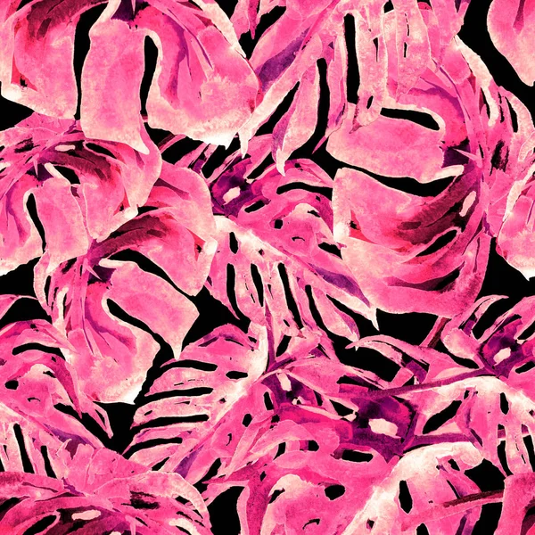 Akvarell sömlösa mönster. Handmålad Illustration av tropiska blad och blommor. Tropic sommaren motiv med Monstera mönster. — Stockfoto