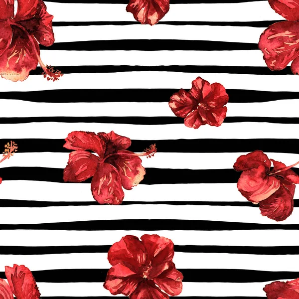 Hibiscus Seamless Pattern with Lines. — Stock Photo, Image